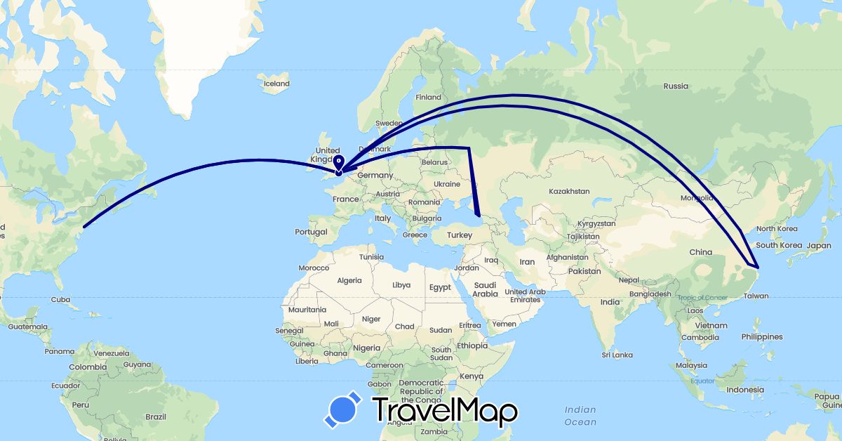TravelMap itinerary: driving, plane in China, United Kingdom, Georgia, Netherlands, Russia, United States (Asia, Europe, North America)